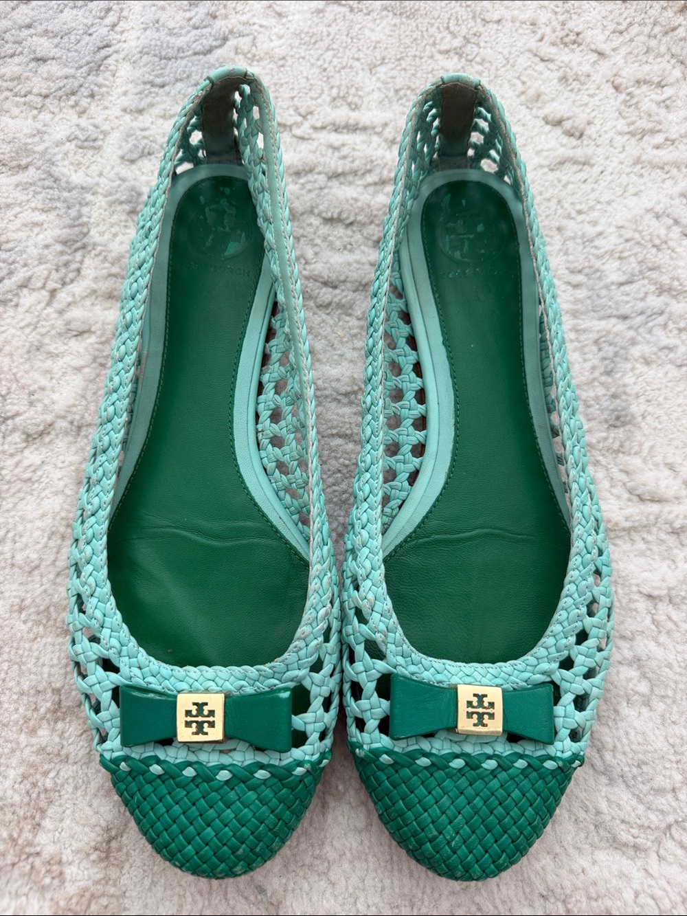 Tory Burch Two-Tone Mint Green Woven Ballet Flats with Bow